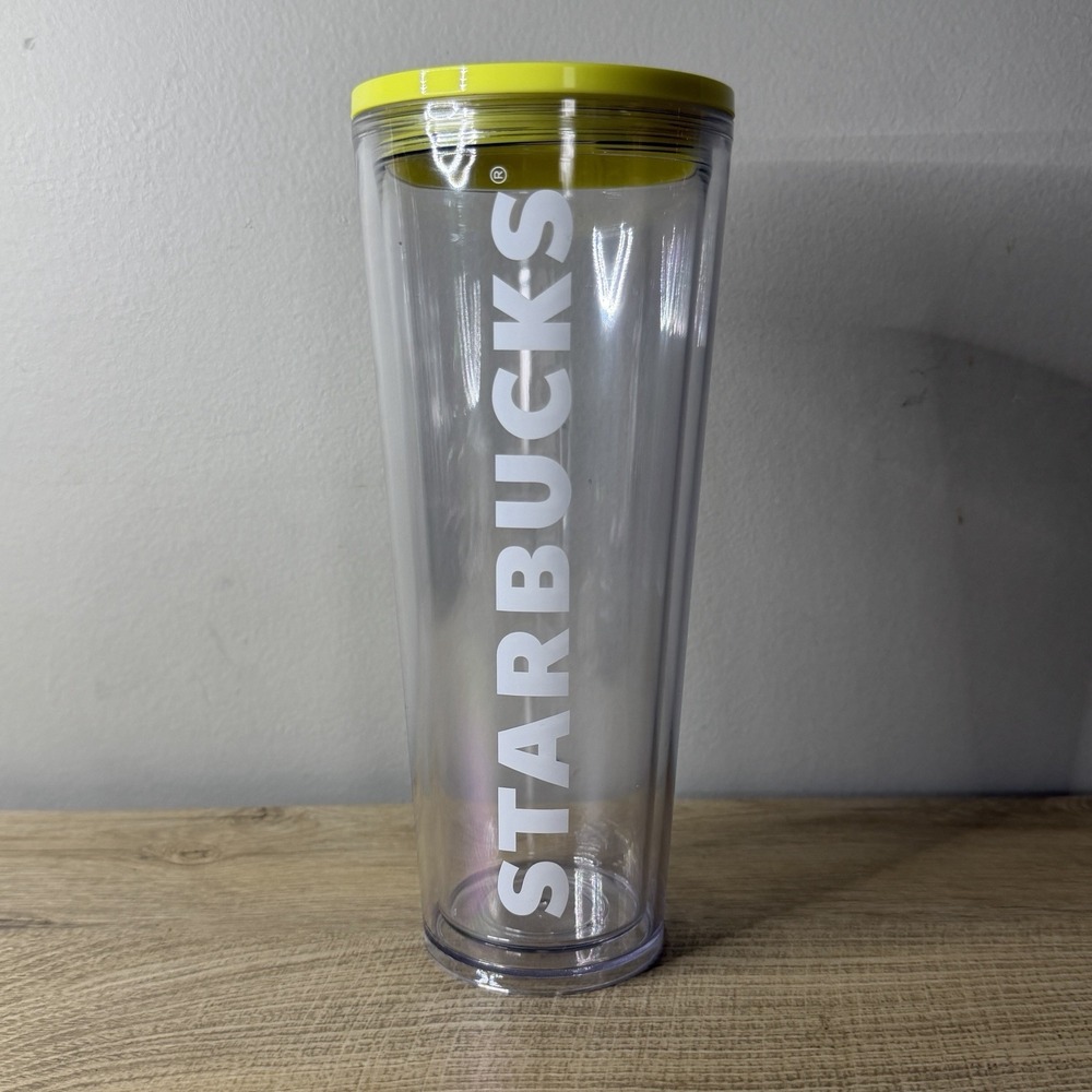 Starbucks Clear Venti Cold Cup Neon Yellow Lid Clear Acrylic Logo Tumbler 24oz